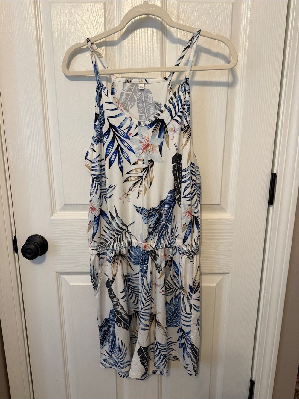 Tropical Blue Leaf Print Romper- Women’s